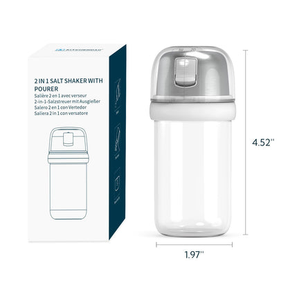 KTCHENDAO 2 in 1 Glass Salt Shaker with Side Pour Spout, Built-in Lid to Slow Down Dampness with Mearsuring Marks, Elegant Borosilicate Glass Salt Dispenser for Kitchen, BPA Free, 4oz (White)