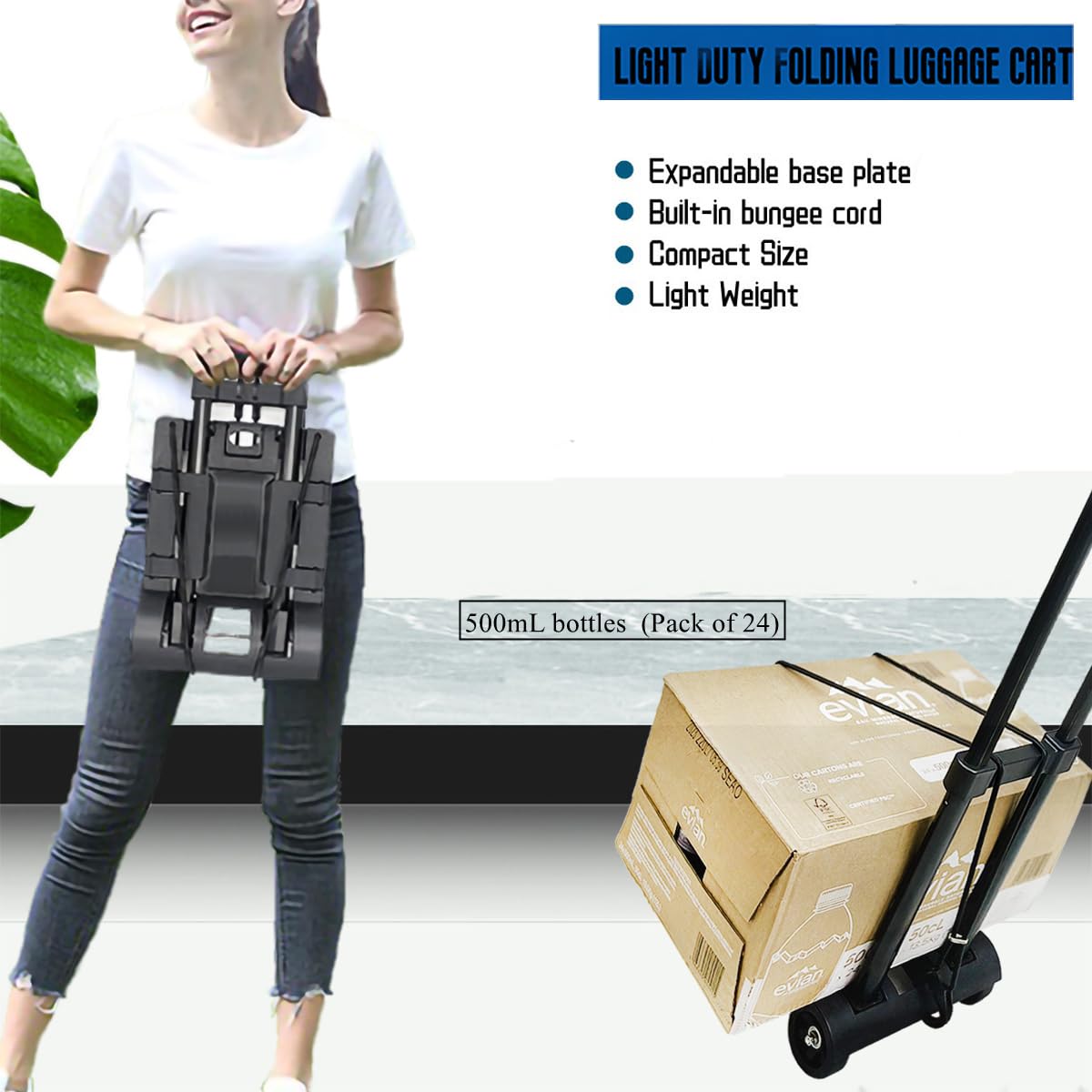 Folding Luggage Cart with Expandable Chassis,2 Wheels Folding Hand Truck Dolly,Collapsible Light Duty Dolly for Moving Shopping Travel Office Use,50lbs(Black)