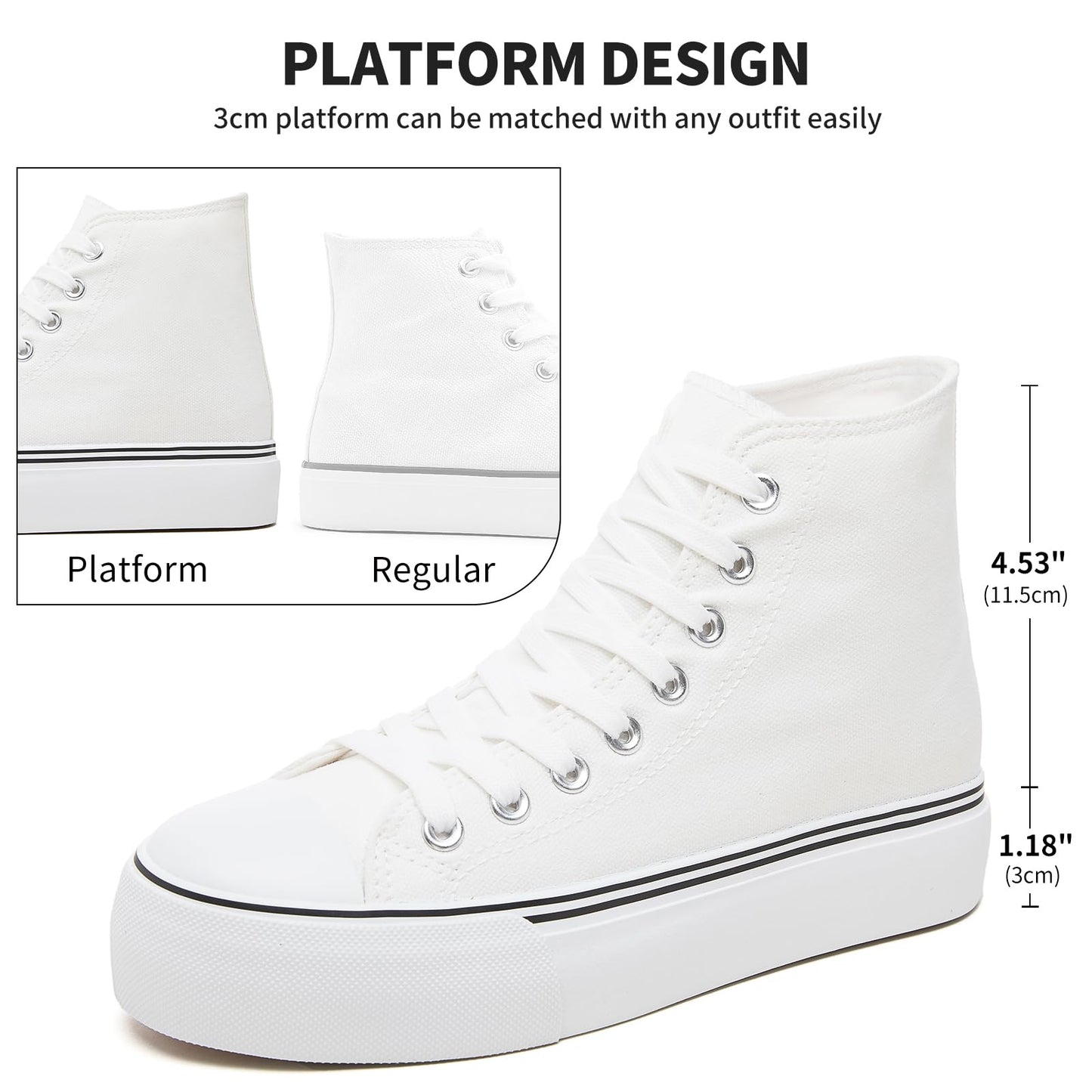 FRACORA Womens High Top Canvas Shoes White Black Platform Sneakers Lace Up Shoes for Women(White,US9)