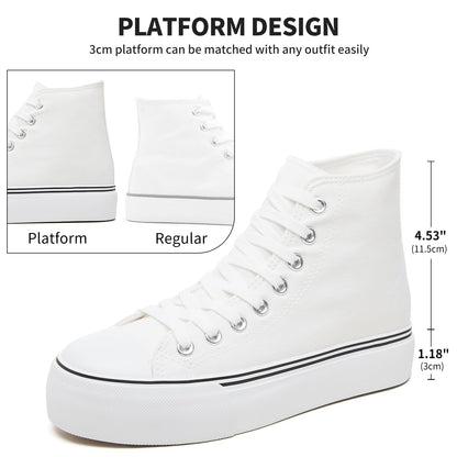 FRACORA Womens High Top Canvas Shoes White Black Platform Sneakers Lace Up Shoes for Women(White,US9)