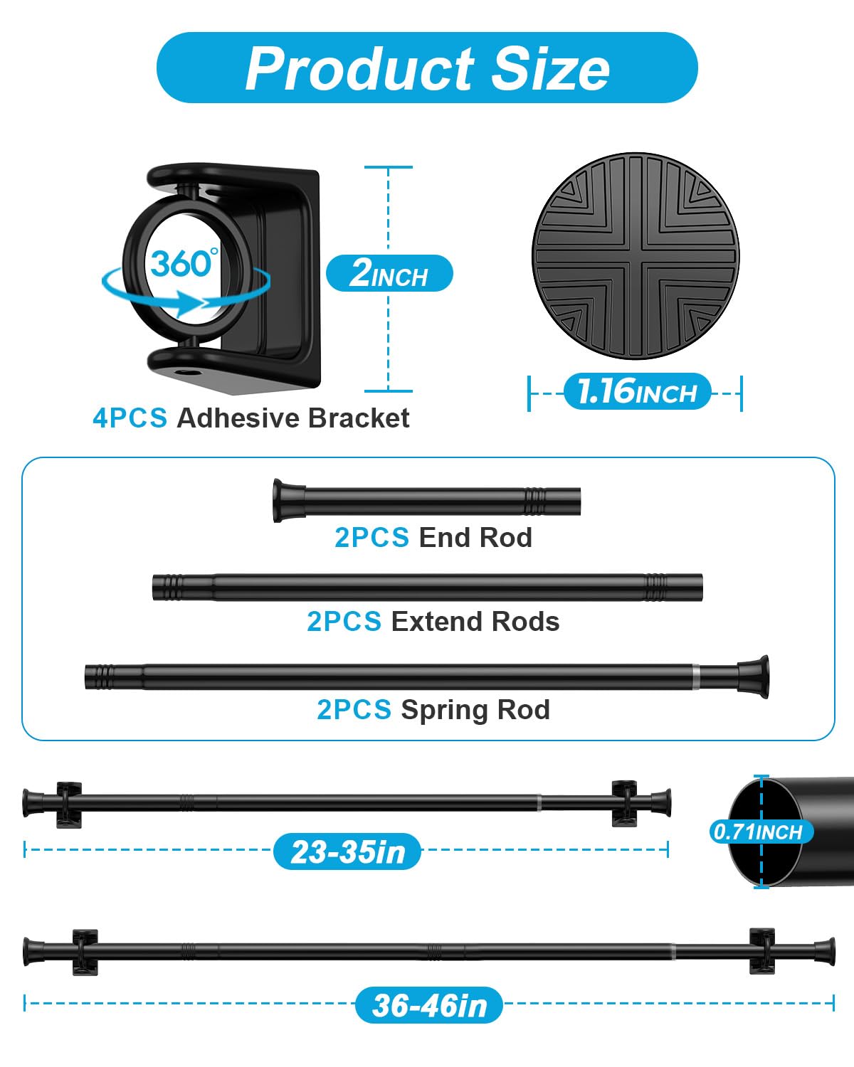 2Pack Tension Rod 24-48Inch Black Curtain Rods for Windows Spring Adjustable Curtain Rods no Drilling Tension Curtain Rods for Window,Doorway,Closets