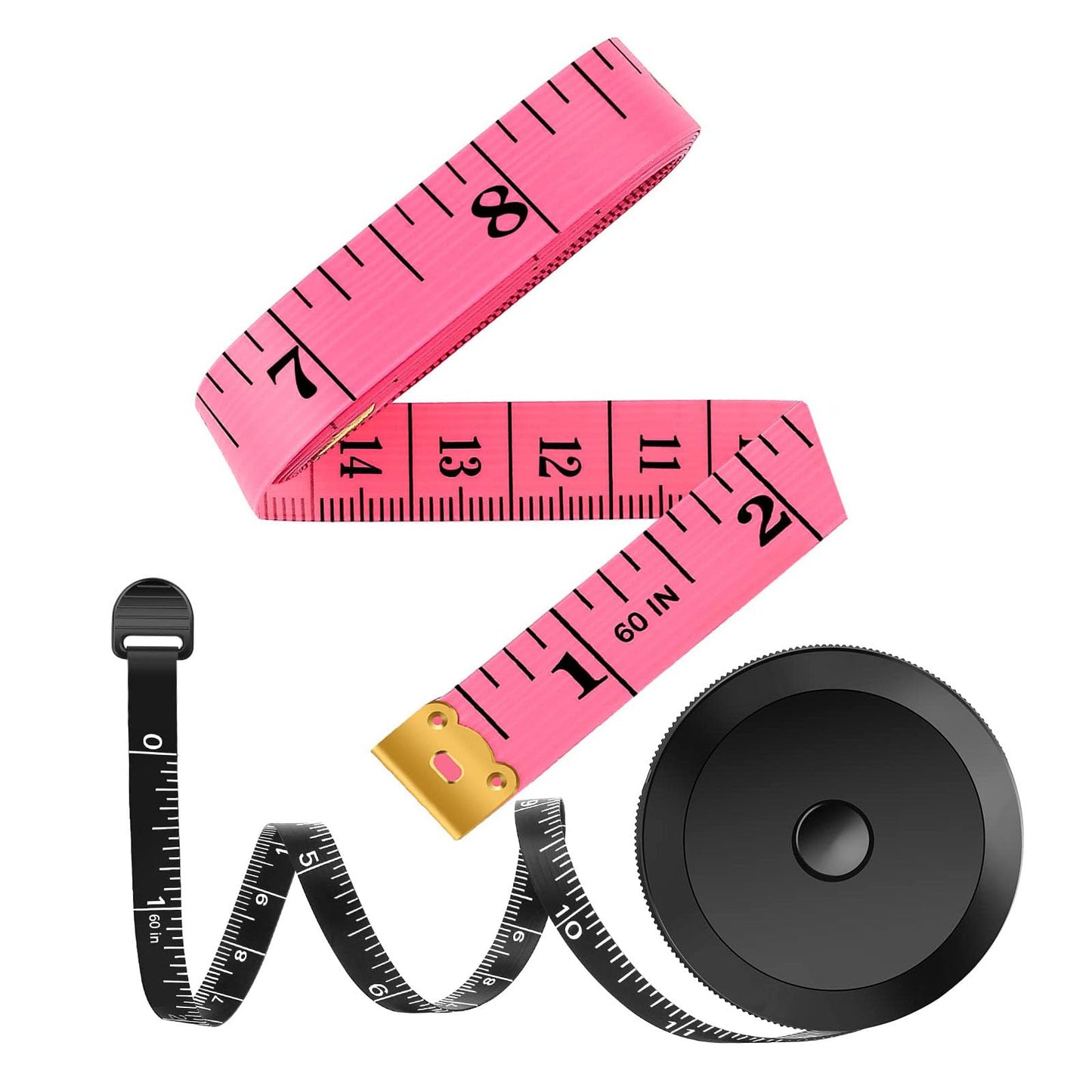 iBayam 2 Pack Tape Measure Measuring Tape for Body Fabric Sewing Tailor Cloth Knitting Vinyl Home Craft Measurements, 60-Inch Soft Fashion Pink & Retractable Black Double Scales Rulers for Body Weight
