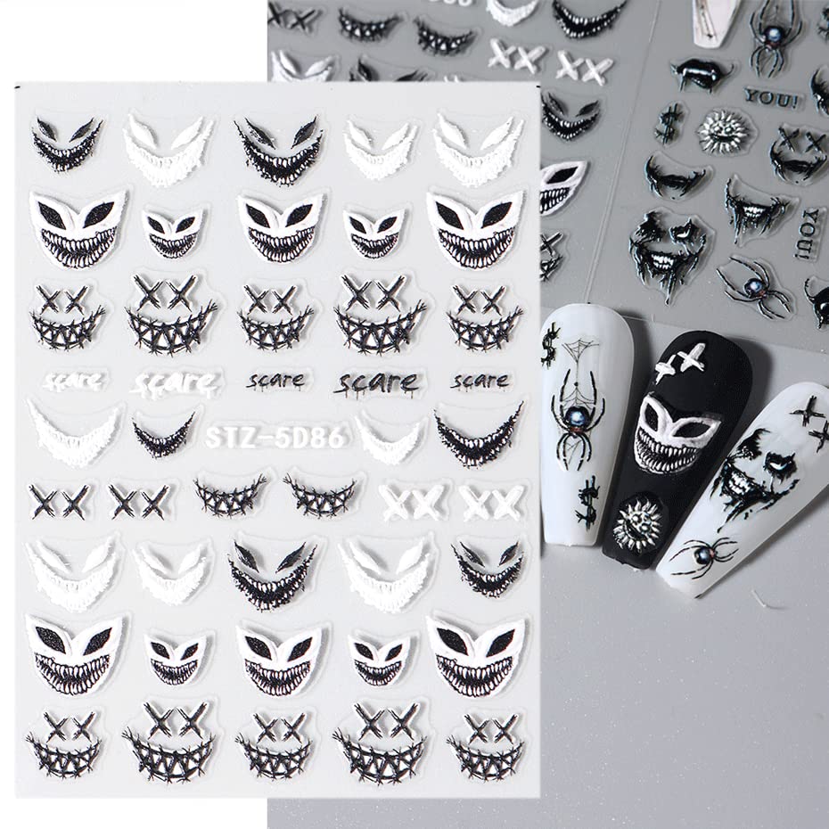 5D Embossed Halloween Nail Art Stickers Day of Death Black Lip Nail Sticker Decal Nail Art Decoration Supplies Horror Spooky Spider Evil Eye Skull Bone Halloween Self-adhesive Nail Design for Women Girls (halloween-1)