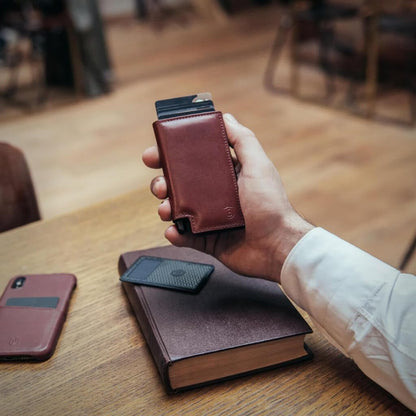 Ekster Parliament Men's Wallet | RFID Blocking Leather Minimalist Cardholder | Slim Wallet for Men - Designed for Quick Card Access with Push Button (Merlot Red)