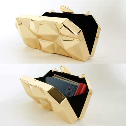 Reberomantic Women Lattice Pattern Metal Handbag Chain Geometric Evening Clutch Purse (G-Large Gold)