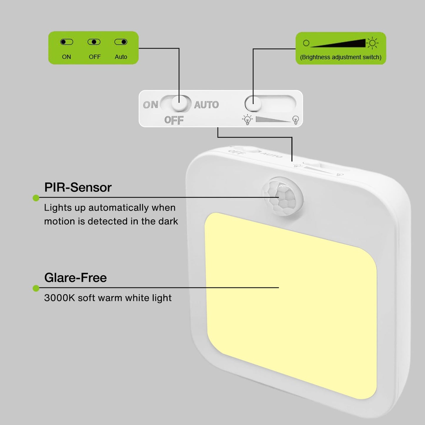 Dimmable Night Light Plug-in, Motion Sensor Plug in to Wall Night Light 3000K 2 Pack with On Off Auto Switch Adjustable Brightness for Hallway Bedroom Kids Room