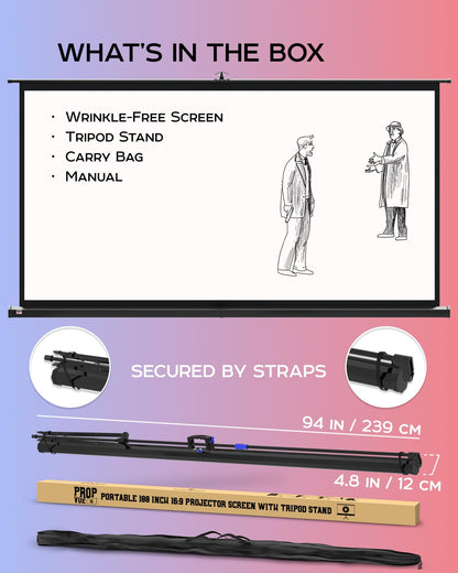 100 Inch Indoor and Outdoor Projector Screen with Stand for Movies or Presentations - HD Premium 16:9 Folding Free Tripod Screen with Carry Bag and Straps, Matte