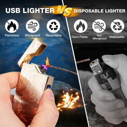 LcFun Electric Lighter USB Rechargeable, Dual Arc Plasma Lighter, Windproof Flameless Lighters, Electronic Lighters with LED Battery Indication Gifts for Men Boyfriend Husband (Dragon Gold)