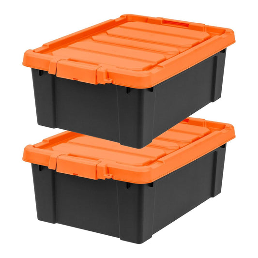 IRIS USA 12 Gallon Lockable Storage Bins with Lids, 2 Pack - Made in USA, Heavy Duty, Stackable Containers, Garage Organizing Bins Moving Tubs, Rugged Sturdy Equipment Utility Box - Black/Orange