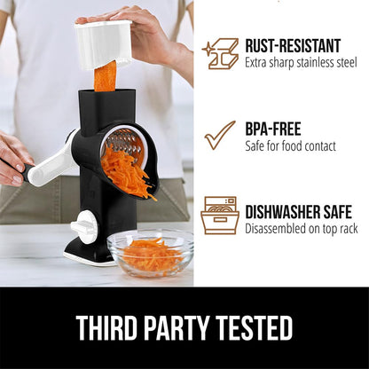 GORILLA GRIP Slip-Resistant Rotary Cheese Grater with 3 Interchangeable Blades to Shred Slice and Grate, Hand Crank Vegetable Chopper Mandolin, Slicer for Veggie Onion, Home and Kitchen Gadgets, White