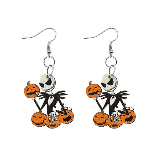 Cute Cartoon Halloween Theme Earrings Ghost Pumpkin Wooden Dangle Earrings Creative Jewelry for Halloween Party Exaggeration Accessories-A