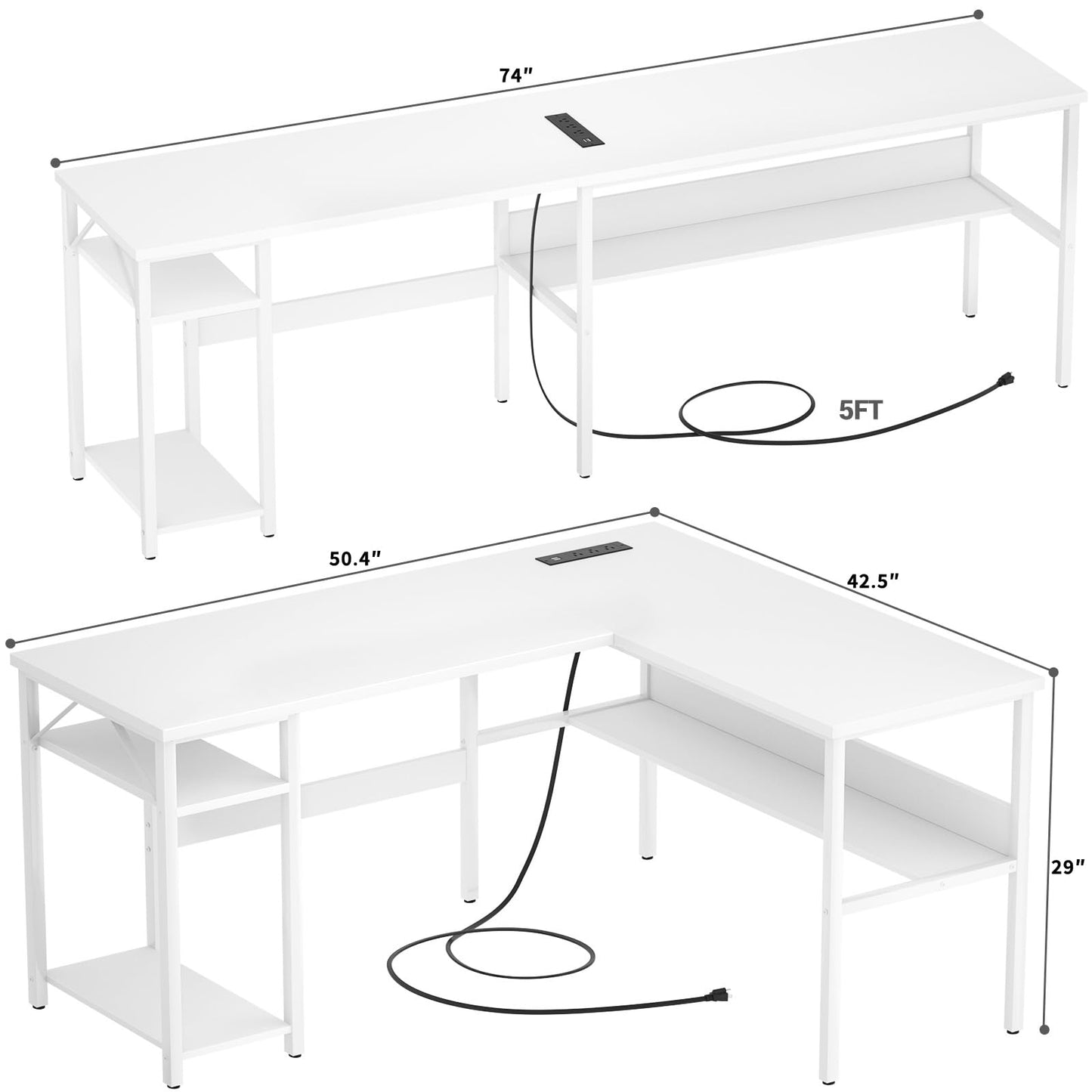 Hyomdeck Reversible L Shaped Gaming Desk with Power Outlets and USB Charging Ports, Sturdy Computer Desks with Storage Shelf, Modern Corner Desk Home Office Table, Easy to Assemble, White