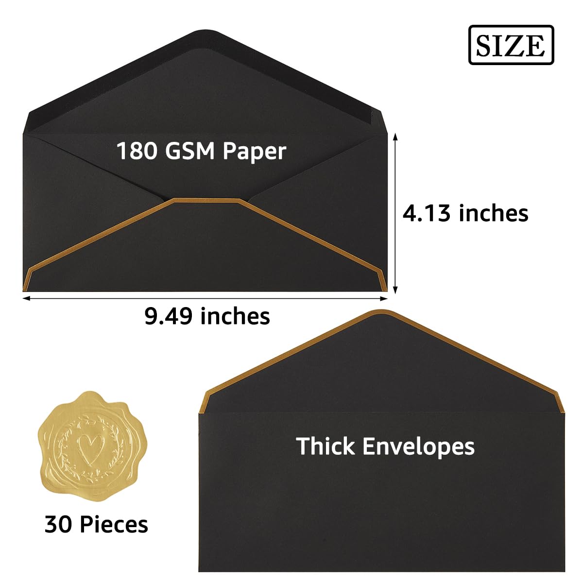 30 Pack Thick #10 Business Envelopes with Gold Border, 4 1/8 x 9 1/2 Thick Paper Standard Envelopes with Stickers for Office, Checks, Letter Mailing, Invoices (Black)