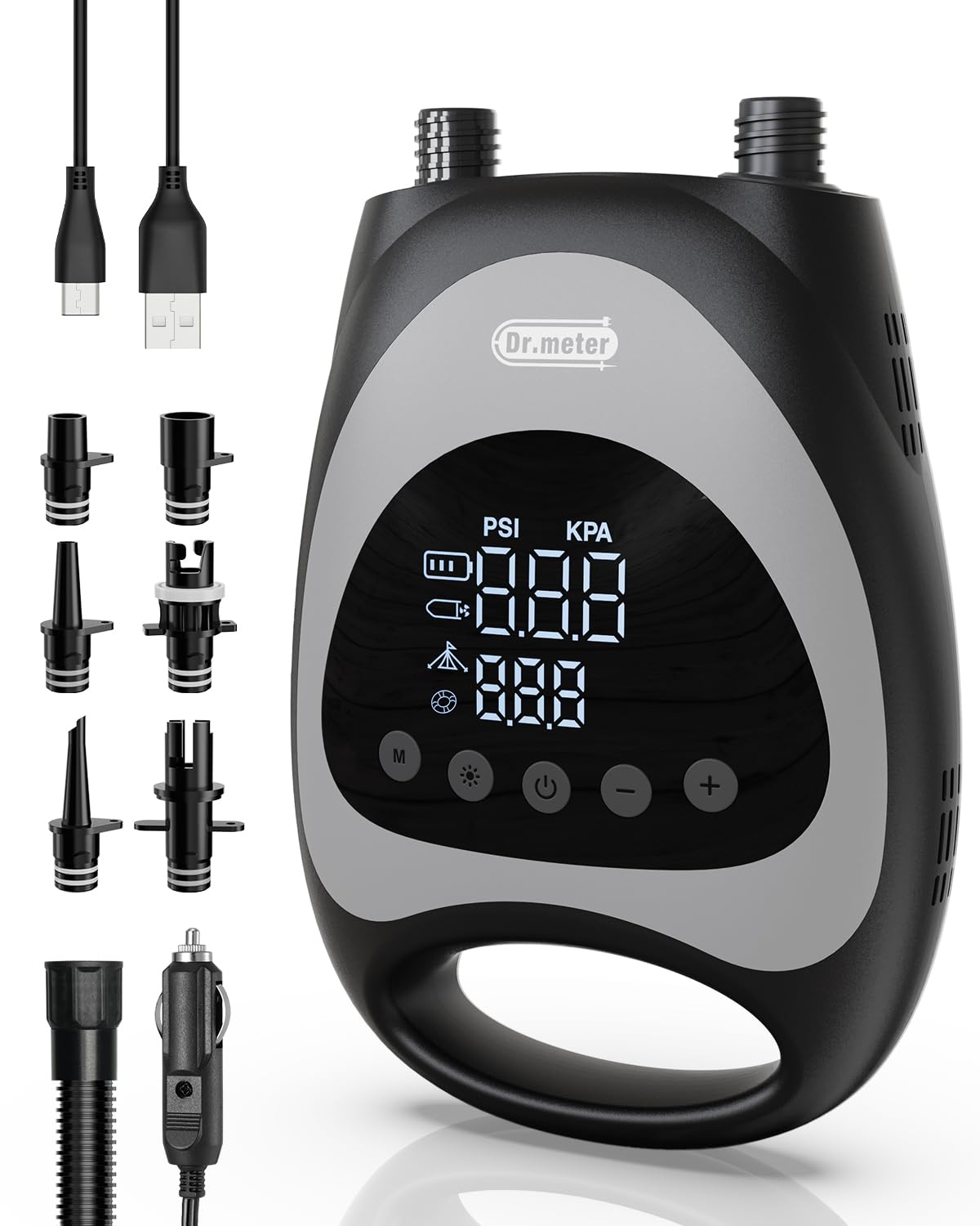 Dr.meter Paddle Board Pump, Rechargeable 20PSI High Pressure Dual Powered Portable Electric SUP Air Pump with LED Light Auto-Off Inflate Deflate, for Stand Up Paddle Boards Inflatable Kayaks Boats