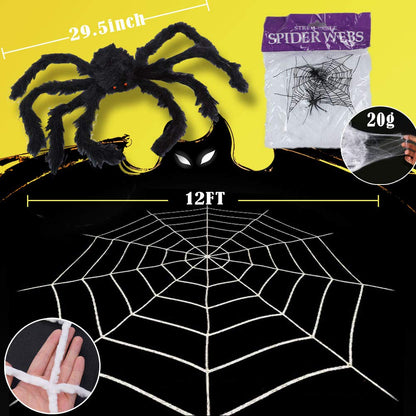 ESSENSON Halloween Decorations - 12 FT Giant Round Spider Web and Fake Large Hairy Spider Props Scary Halloween Yard Door & Outdoor Decor with Super Stretch Cobweb Decorations Party Favors