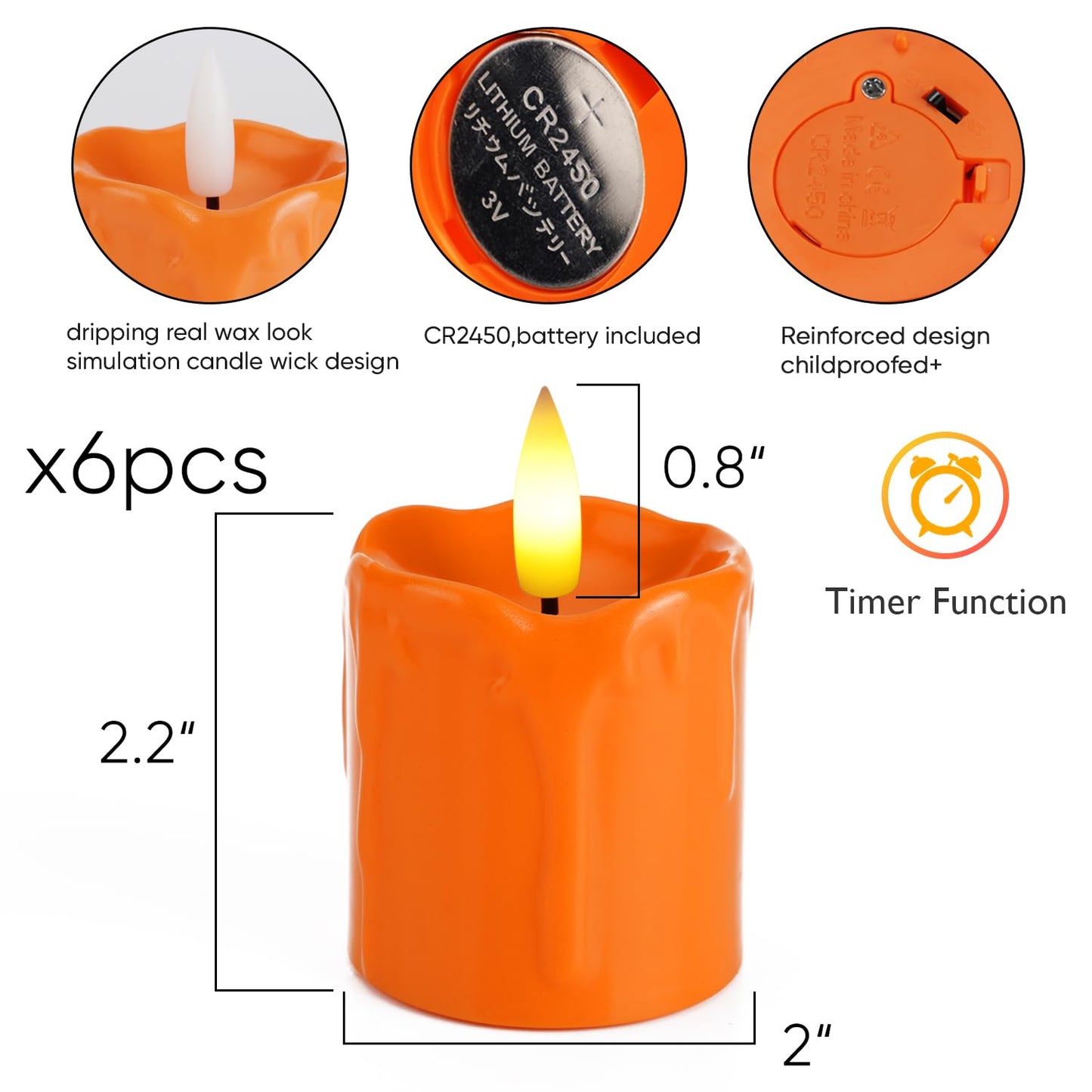 Homemory 2" x 2" Orange Flameless Votive Candles with Timer, Realistic Battery Operated Candles, 6Pack Black Wick Fall Candle for Pumpkin Lanterns, Halloween Decorations