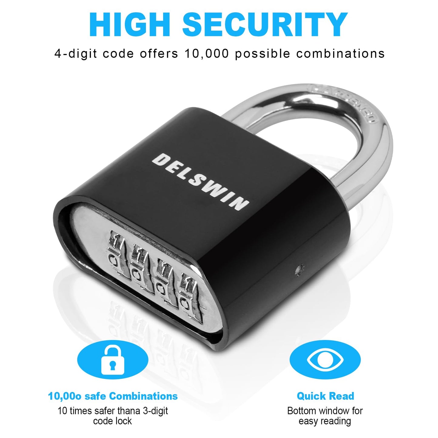 DELSWIN 4-Digit Combination Lock Outdoor Padlock - Heavy Duty Locker Lock with Hardened Steel Shackle, Waterproof Combo Lock for Gym Locker, Hasp Storage, Shed, Fence, Gate (Black,1Pcs)