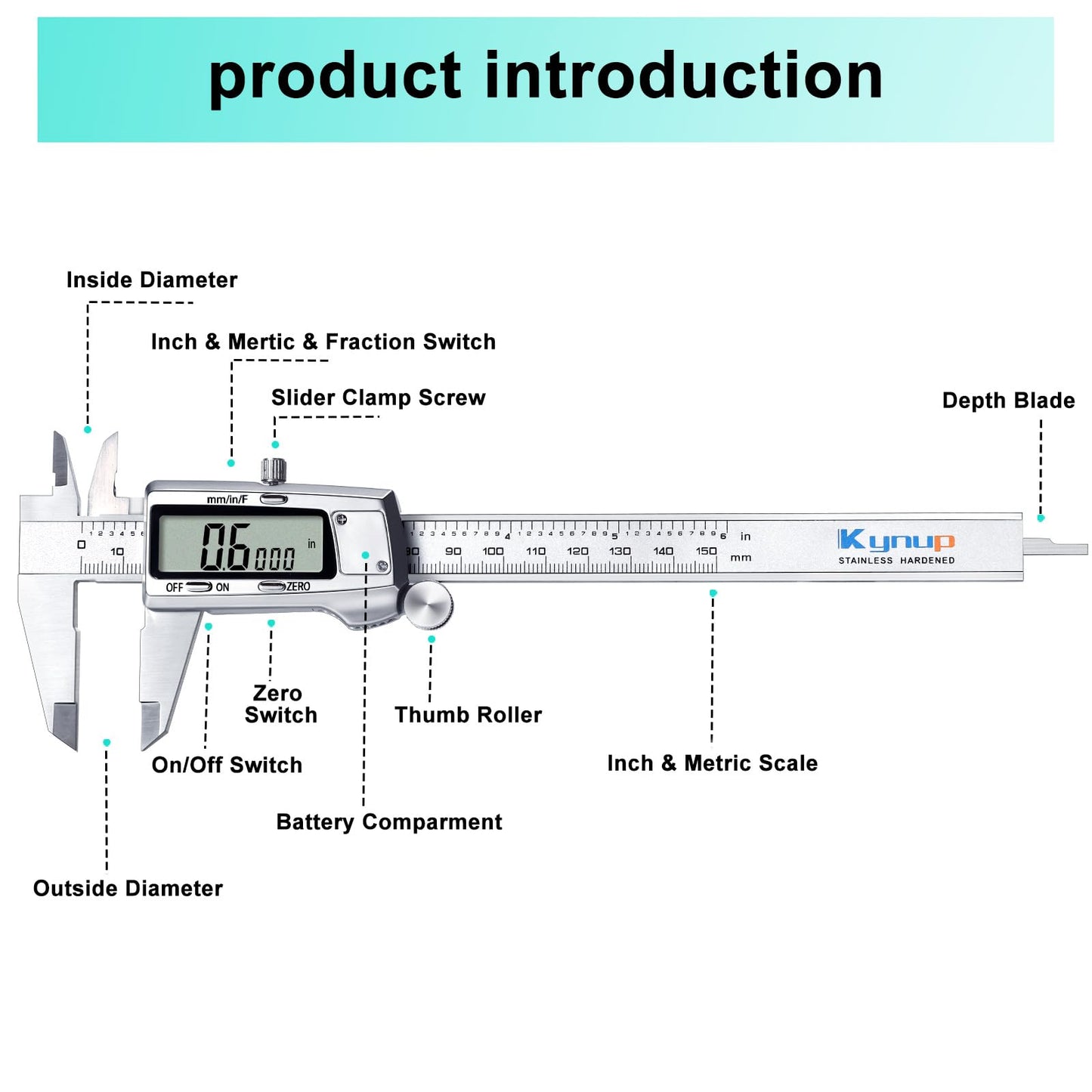 Kynup Digital Caliper, Caliper Measuring Tool, Micrometer Dial Vernier Caliper Digital, Full Turn Off, Stainless Steel, Switch from Inch Metric Fraction (6Inch/150MM)