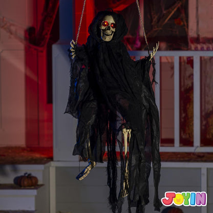 JOYIN Halloween Scary Decorations Outdoor, 2 Packs Halloween Hanging Swinging Ghosts Decor with Lighted Up Eyes, Creepy Swinging Skeleton Flying Props for Yard Patio Lawn Garden