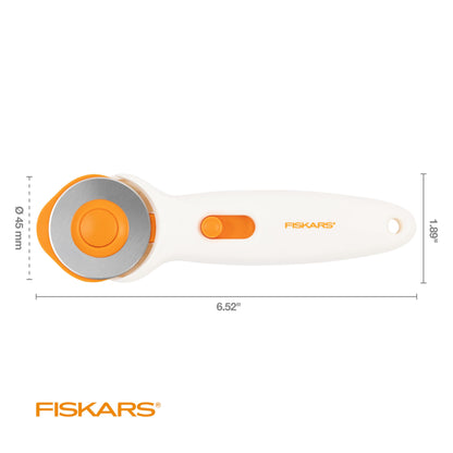 Fiskars 45mm Rotary Cutter for Fabric, Premium Steel Stick Fabric Cutter Cuts Through Multiple Layers, Right and Left Handed, Easy and Safe Blade Change, Arts and Crafts, Sewing and Quilting Tools