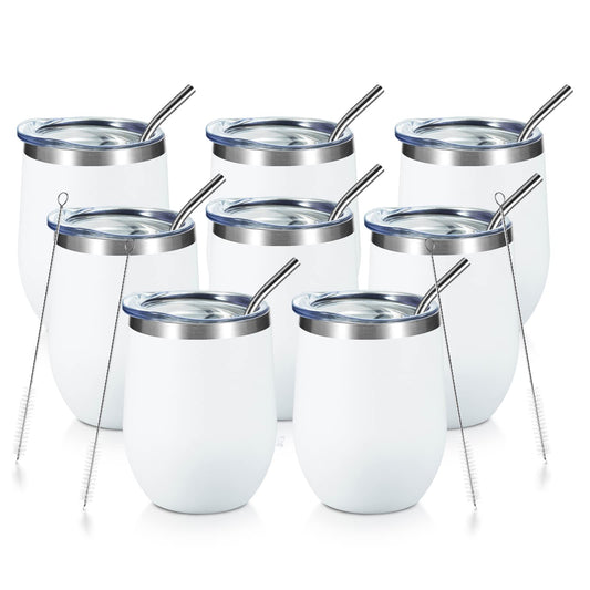 COMOOO 12oz Wine Tumbler with Lid and Straw, Stainless Steel Stemless Wine Glass, Double Wall Vacuum Insulated Wine Tumbler Cup, Cocktails,Beer,Champaign, White, 8 Pack
