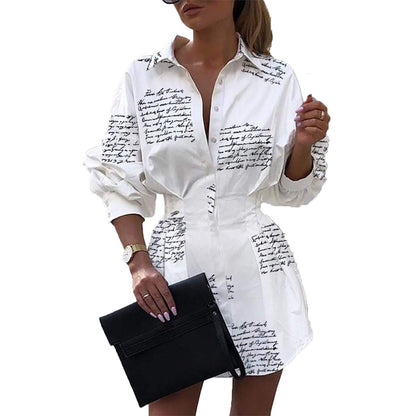 IyMoo Womens Casual Long Sleeve V Neck Button Down Fitted Shirt Mini Dress with Belt Letter White M