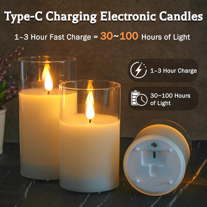 LEDHOLYT Rechargeable Flameless Candle, Flashing LED Pillar Real Wax Candle with Remote Control and Timer, Clear Glass Electronic Candles for Room Decoration, 1 Set of 3