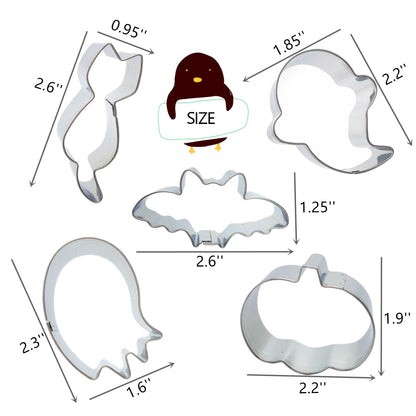 5 Pieces Mini Halloween Cookie Cutters, Size 2.2" to 2.6" Small Stainless Steel Molds Ghost, Cat, Bat, Pumpkin Holiday Shapes for Halloween Party Decorations