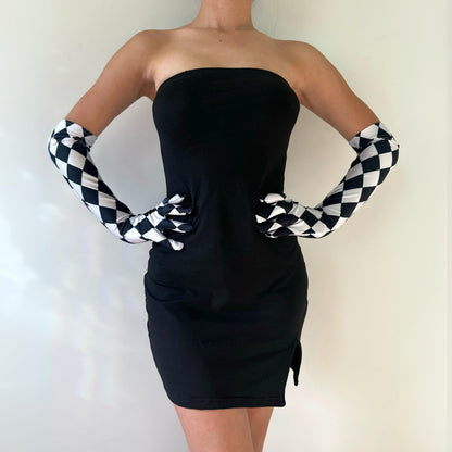 Leg Avenue Women's Satin Harlequin Elbow Length Gloves, Black/White, One Size