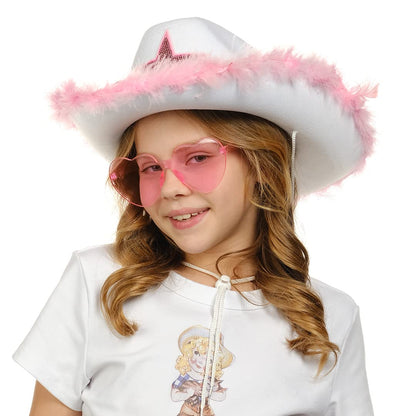 Funcredible White Cowboy Hat and Glasses - Fluffy Cowgirl Hat with Star for Girls - Cowboy Hats with Feathers - Cowgirl Accessories - Halloween Accessories for Women