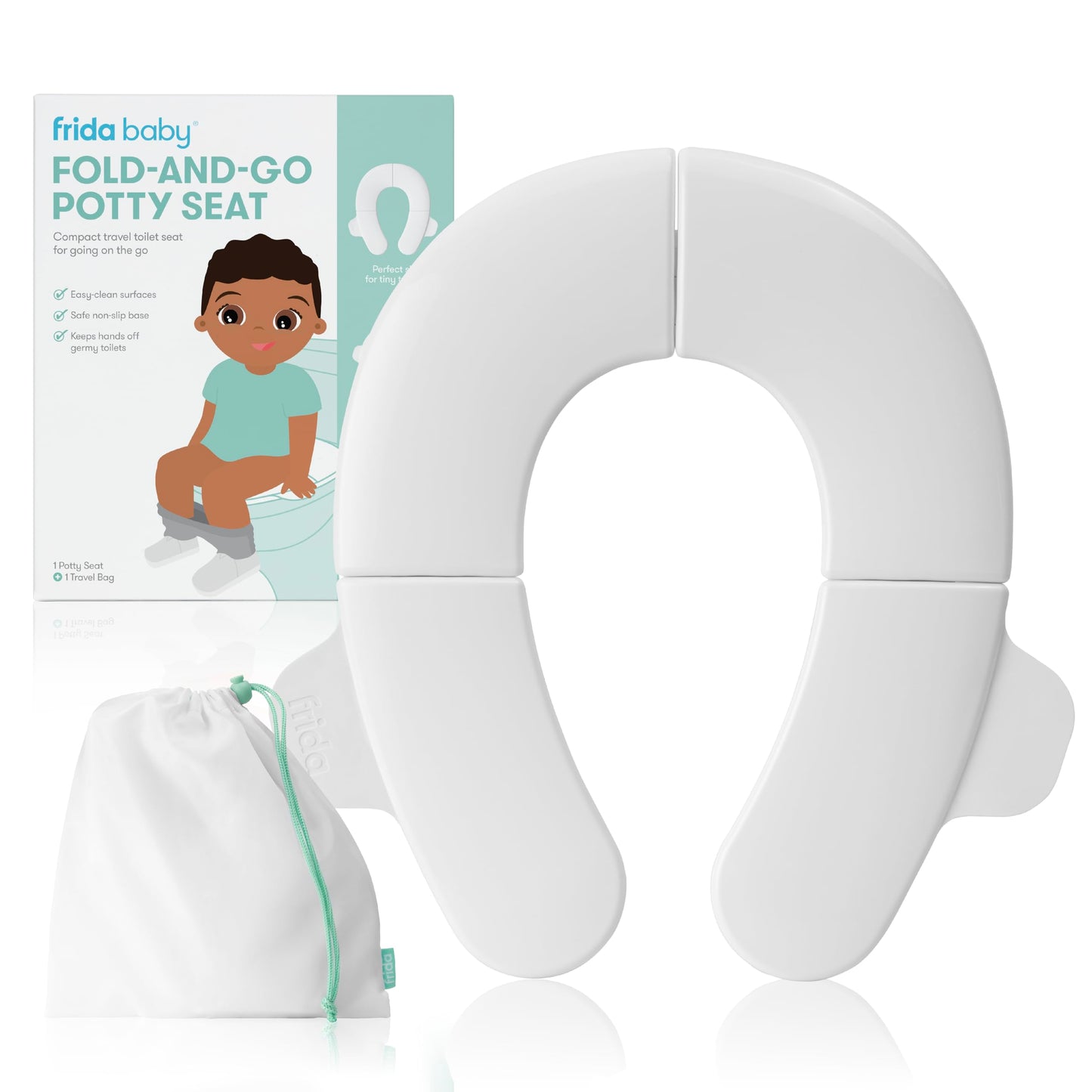 Frida Baby Fold-and-Go Portable Potty Seat for Toilet, Foldable Travel Potty Seat for Toddler, Fits Round & Oval Toilets, Non-Slip Base, Handles, Includes Free Travel Bag