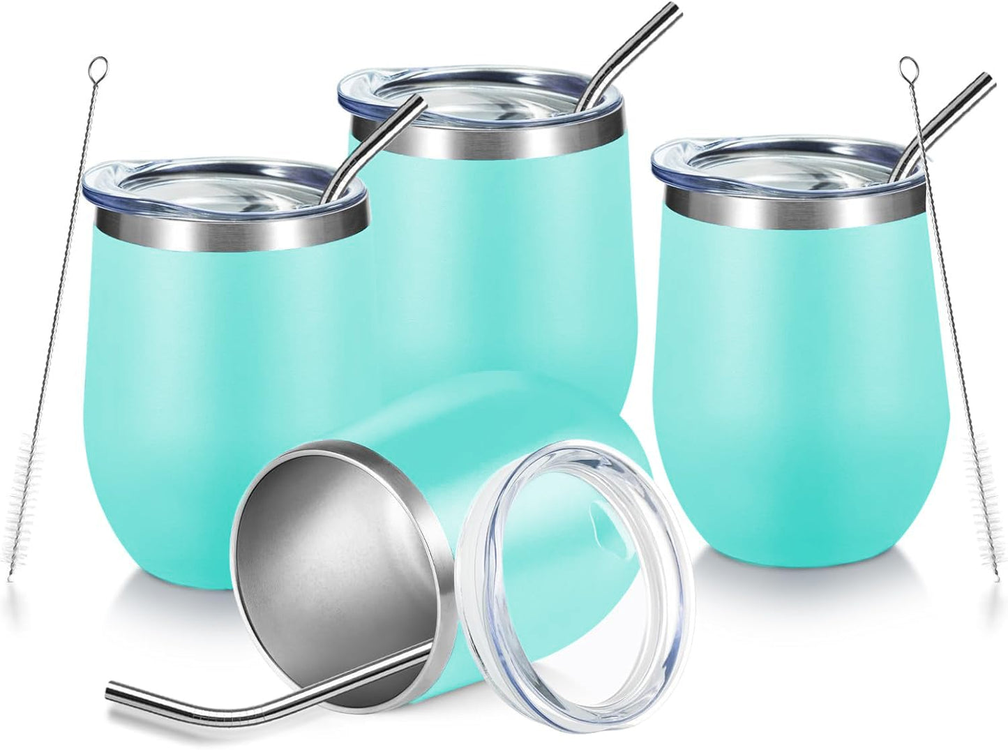 COMOOO Wine Tumbler 12oz Insulated Wine Cup Set of 4 with Lid and Straw Stainless Steel Wine Glass Tumbler Stemless for Hot and Cold Drinks, Champagne, Cocktails (Blue, 4 Pack)