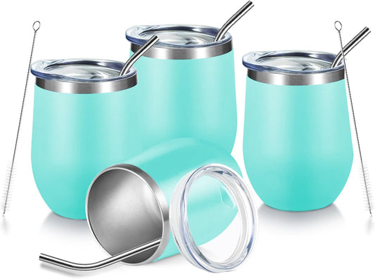 COMOOO Wine Tumbler 12oz Insulated Wine Cup Set of 4 with Lid and Straw Stainless Steel Wine Glass Tumbler Stemless for Hot and Cold Drinks, Champagne, Cocktails (Blue, 4 Pack)