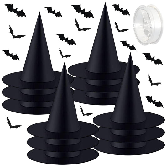 Legigo 12 PCS Halloween Decorations Witch Hat- Hanging Witch Hats Decorations with Rope and 60 Pcs 3D Bat Stickers, Black Witches Hat Costume Accessory for Halloween Party Decor Indoor Outdoor Porch