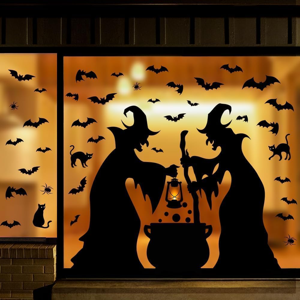 Halloween Decorations Window Clings Decor, Extra Large Witches with Black Cat Bats Spider Cauldron Silhouette Halloween Window Stickers Decals Indoor Outdoor, School Home Office Party, 3 Sheets