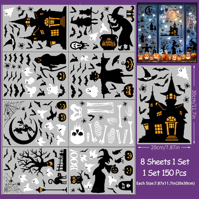 Halloween Window Clings - 8Sheet Halloween Decor Indoor Decals for Party Decoration,Giant Spooky Monster Silhouette Decal Scary Window Clings for Glass Windows