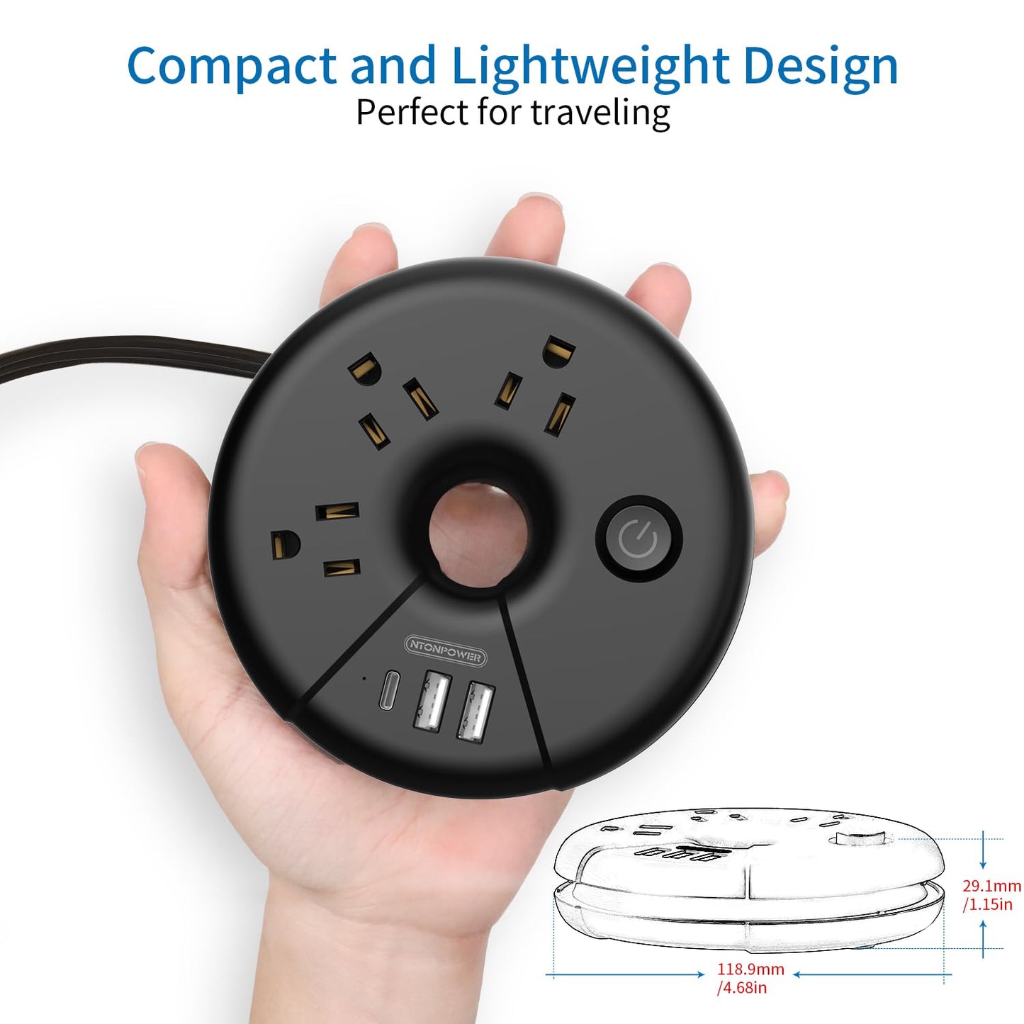 i Donut Travel Power Strip, NTONPOWER Portable Desktop Charging Station 3 USB Without Surge Protector Short Extension Cord 3.28ft Compact for Home, Office, Cruise Ships, Business Trip, Hotels, Black