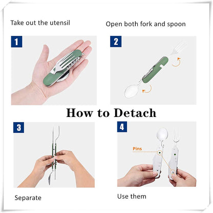 6-in-1 Multi-Function Camping Utensil Flatware Set Detachable Spoon Fork Knife Combo Mess Kit with Carrying Pouch (Black + Gold + Green)
