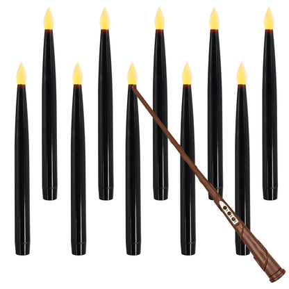 Leejec 10 Pcs of 10.8" Floating Candles, Magic Wand Remote with 6/18H Timer, Halloween Decorations, Hanging Flameless Taper Candles, Flickering Warm White LED, Home Decor, Witch Wizard Gift (Black)