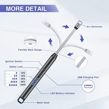 2 PCS Candle Lighter, Electric Lighter Arc Windproof Flameless with 360° Flexible Neck & LED Power Display, Lighters for Candle for BBQ, Grill, Camping, Fireplace, Stove