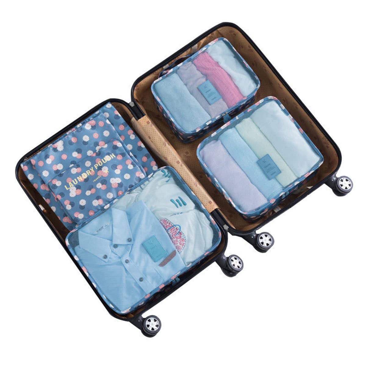 Laebevon 6 PCS Packing Cubes,Multi-functional Clothing Sorting Packages,Travel Carry On Luggage Organizers Storage Bags,Travel Packing Pouches, Blue Flower
