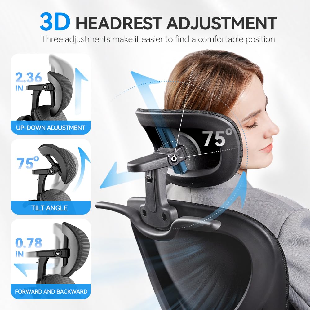 Freepub Ergonomic Office Chair with Headrest 3D, Mesh Office Desk Chair with Adjustable Lumbar Support, Computer Chair with Flip up Armrests, 350LBS Capacity - Design for Home/Offices - Black