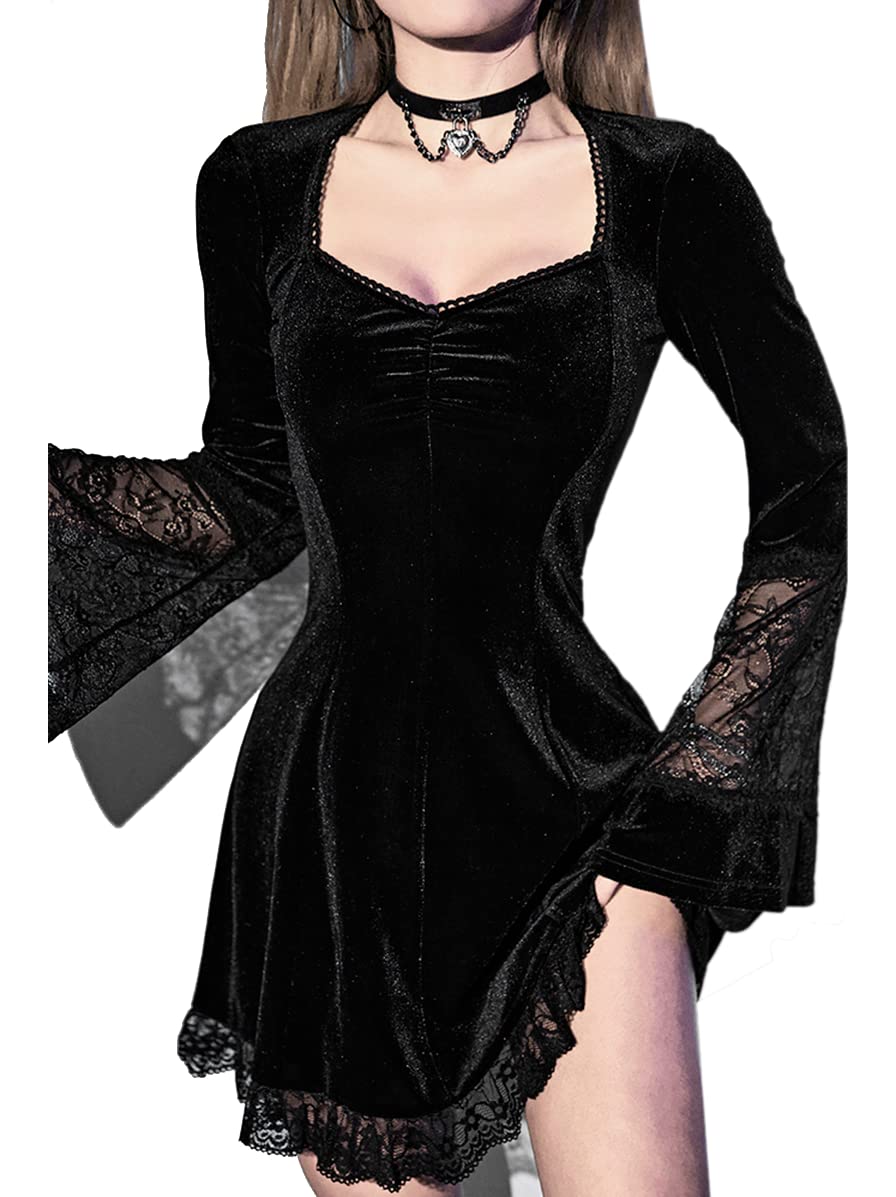LANSHULAN Contrast Lace Long Sleeve Dress Black Goth Vintage Dresses