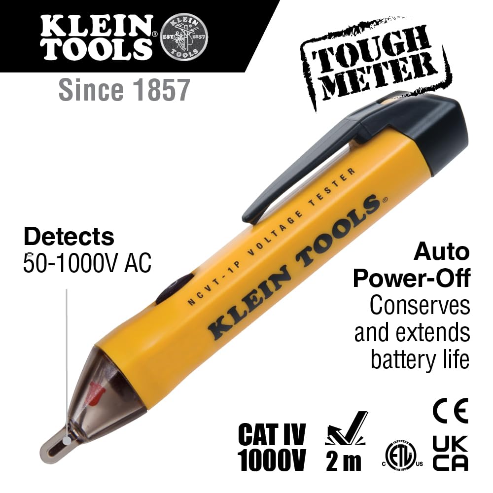 Klein Tools NCVT1P Voltage Tester, Non-Contact Low Voltage Tester Pen, 50V to 1000V AC, Audible and Flashing LED Alarms, Pocket Clip