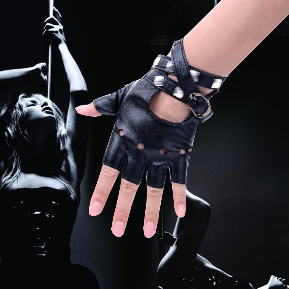 JISEN Women Punk Belt Up Half Finger PU Leather Performance Gloves Black
