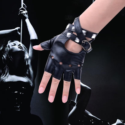 JISEN Women Punk Belt Up Half Finger PU Leather Performance Gloves Black