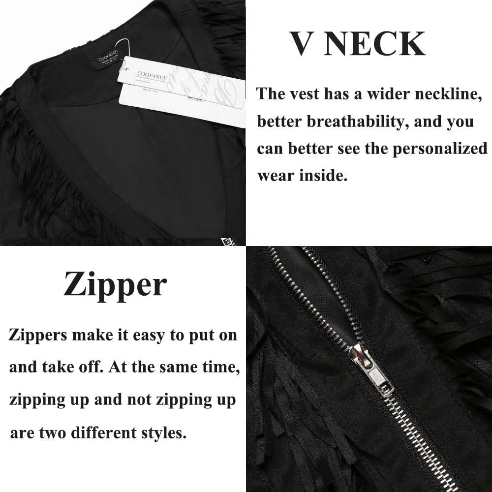 COOFANDY Men's Western Cowboy Vest Halloween Fringe Hippie Costume V Neck Zipper Suede Leather Waistcoat