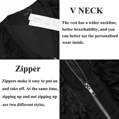 COOFANDY Men's Western Cowboy Vest Halloween Fringe Hippie Costume V Neck Zipper Suede Leather Waistcoat