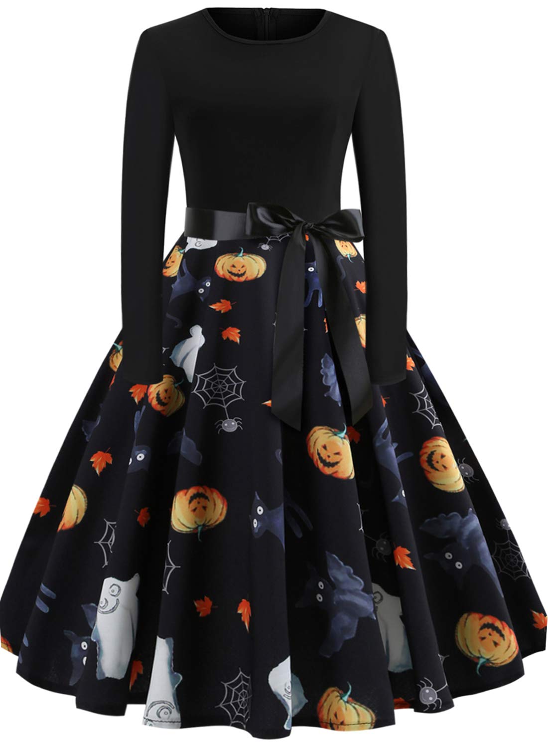 GreaSmart Halloween Dresses Womens Long Sleeve Cocktail Swing Dress Skeleton Pumpkin Printed Cosplay Party Costume