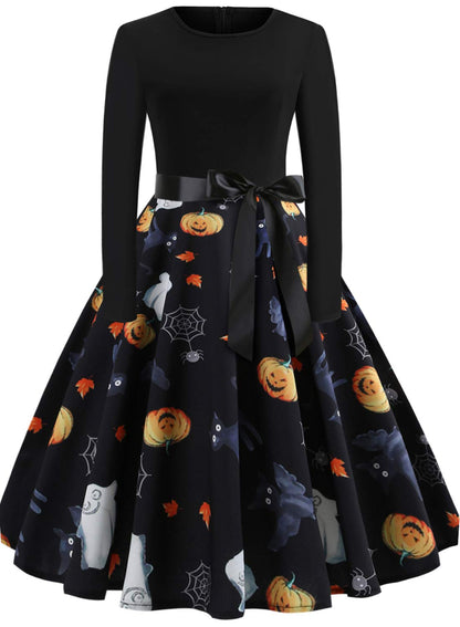 GreaSmart Halloween Dresses Womens Long Sleeve Cocktail Swing Dress Skeleton Pumpkin Printed Cosplay Party Costume